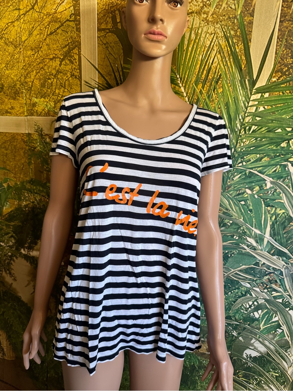 Banana Republic Medium Navy & White Striped 'C'est la vie' Tee with Orange Scrip